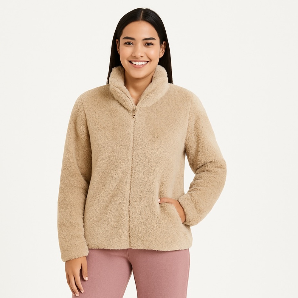 UNIQLO Fleece Zip-Up Jacket Beige Sherpa Lined Size L